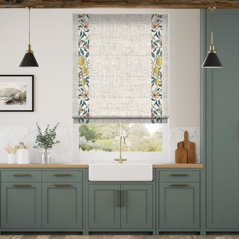 Colorized William Morris Fruit Citrus & Bijou Linen Oatmeal Roman Blind 7638