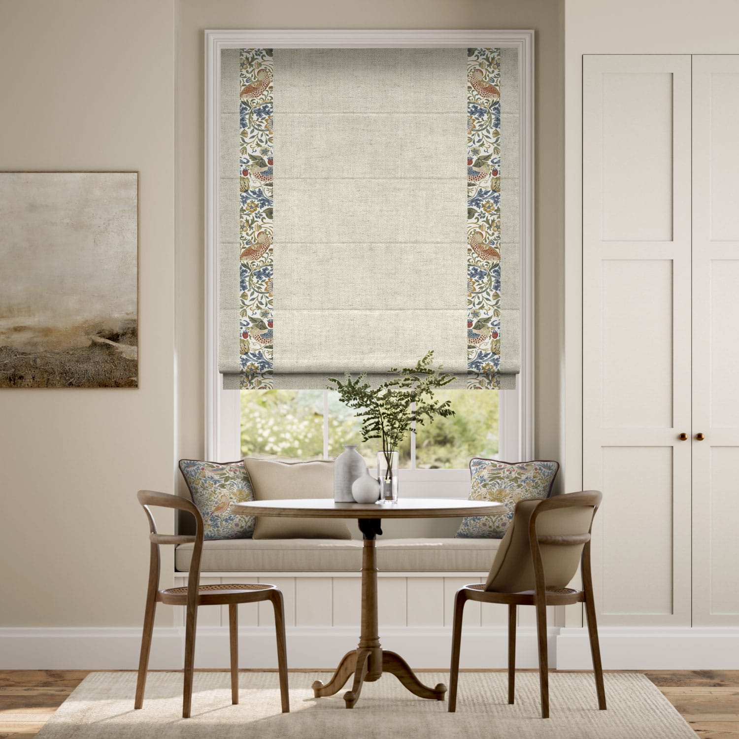 Colorized William Morris Strawberry Thief Natural & Paleo Linen Vintage Cream Roman Blind 7643