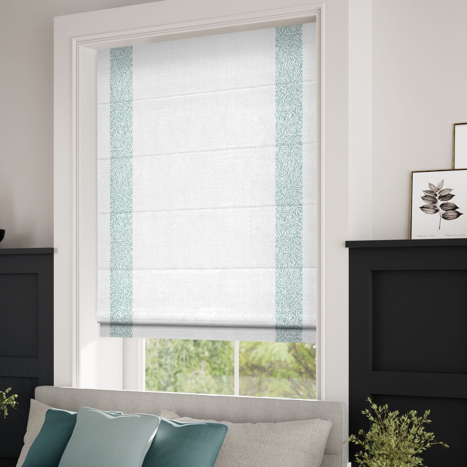 ColorizedZoom William Morris Willow Duck Egg & Bijou Linen White Roman Blind