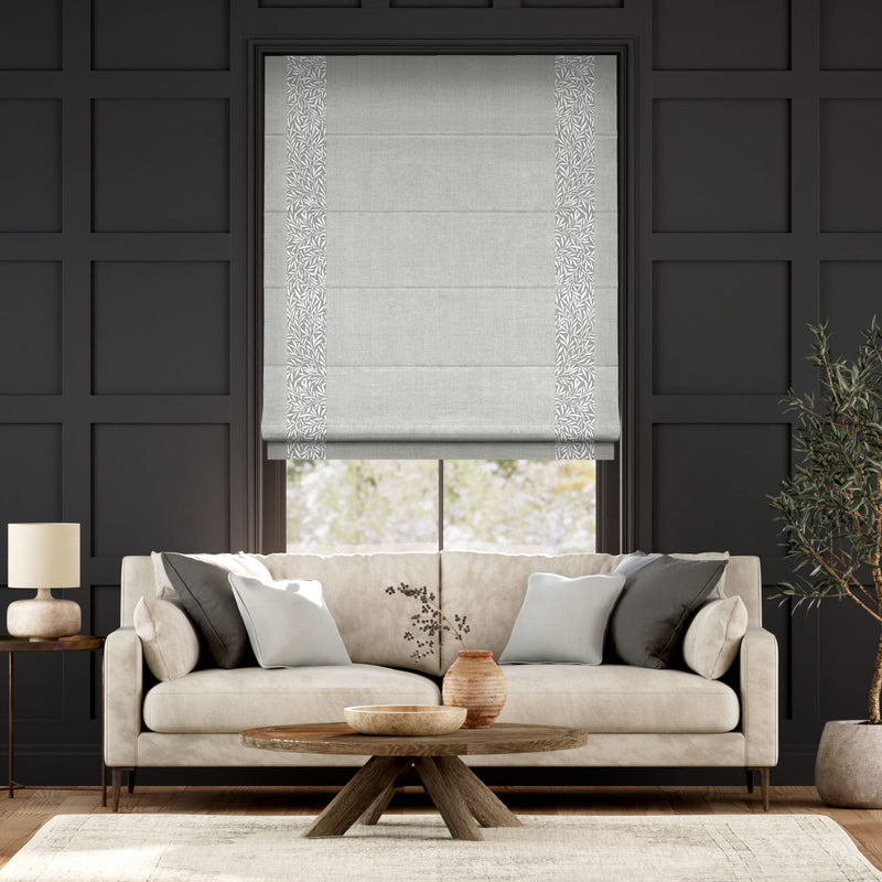 Colorized William Morris Willow Steeple Grey & Bijou Linen Dove Grey Roman Blind