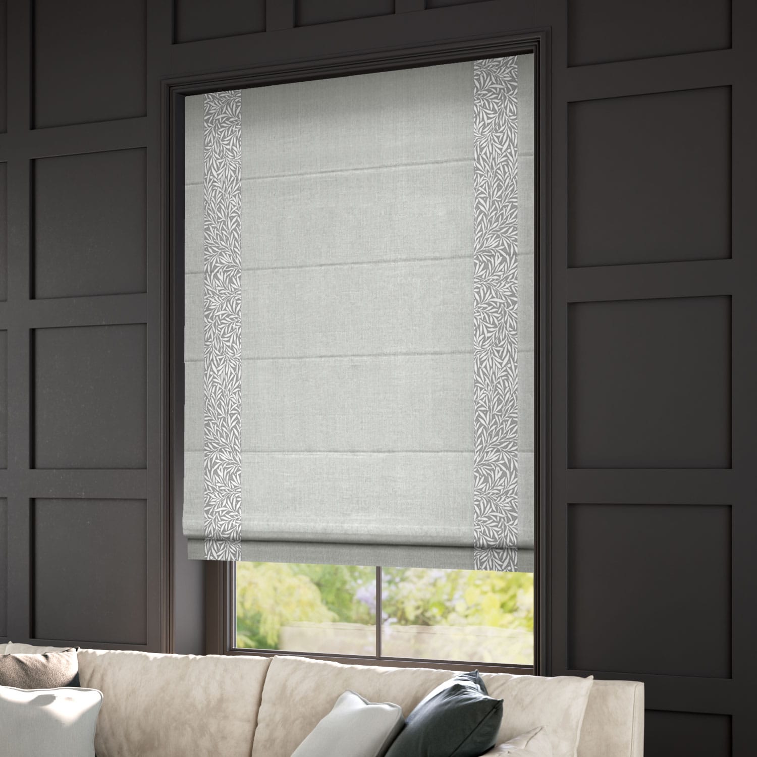 ColorizedZoom William Morris Willow Steeple Grey & Bijou Linen Dove Grey Roman Blind