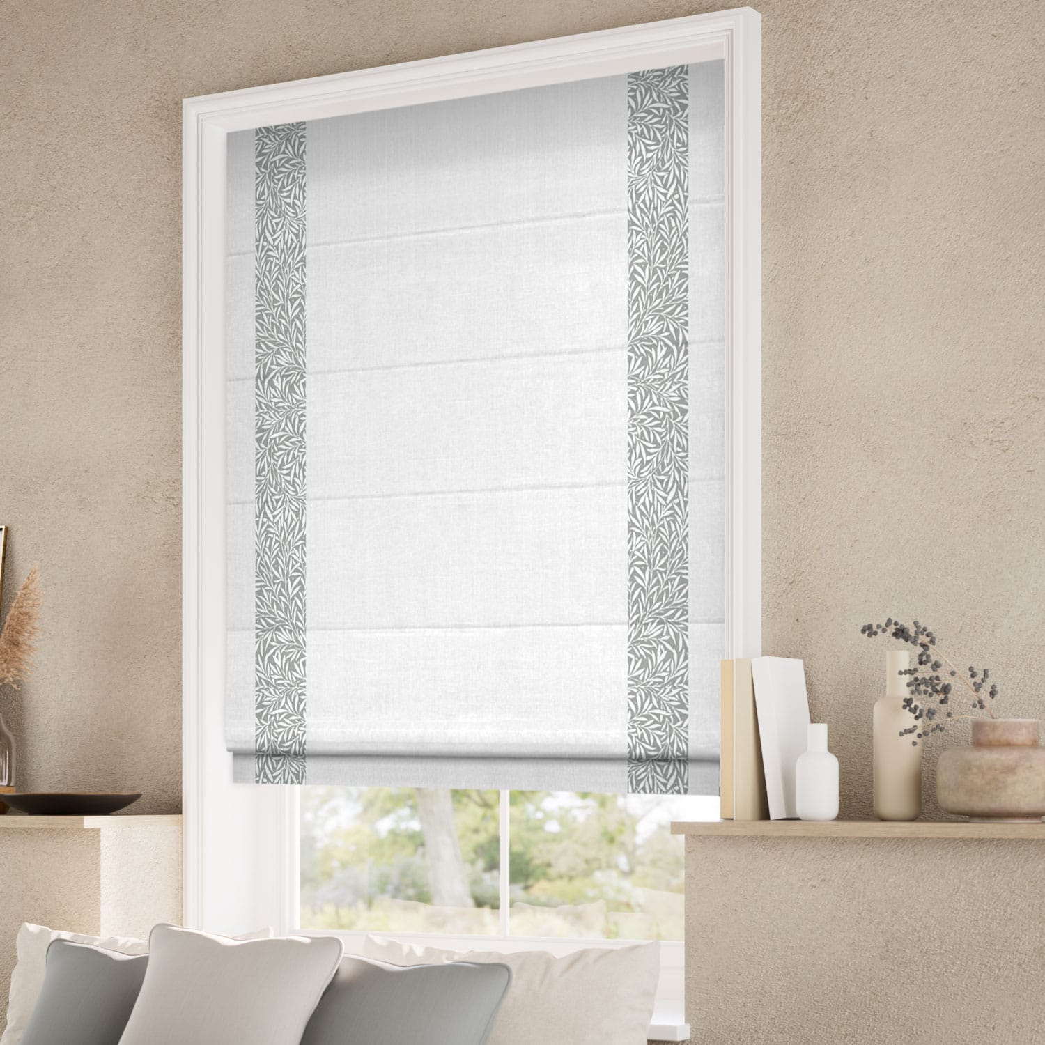 ColorizedZoom William Morris Willow Steeple Grey & Bijou Linen White Roman Blind