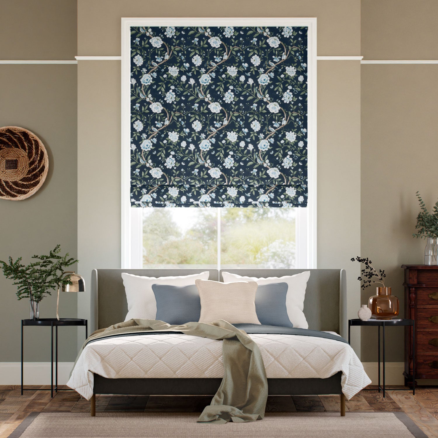 Colorized Porcelain Garden Rich Cerulean Roman Blind 7803
