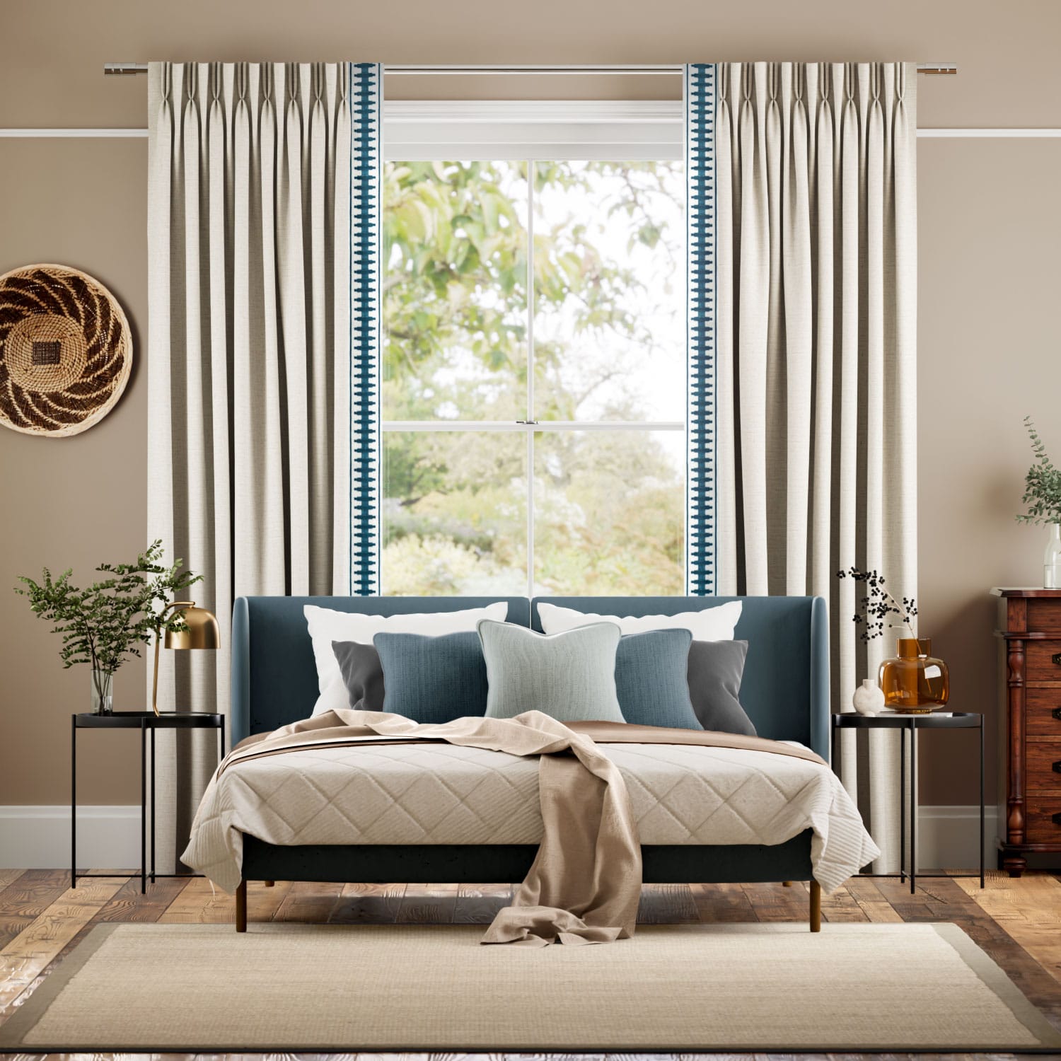 Colorized Bijou Linen Oatmeal & Ascott Teal Curtains 5756
