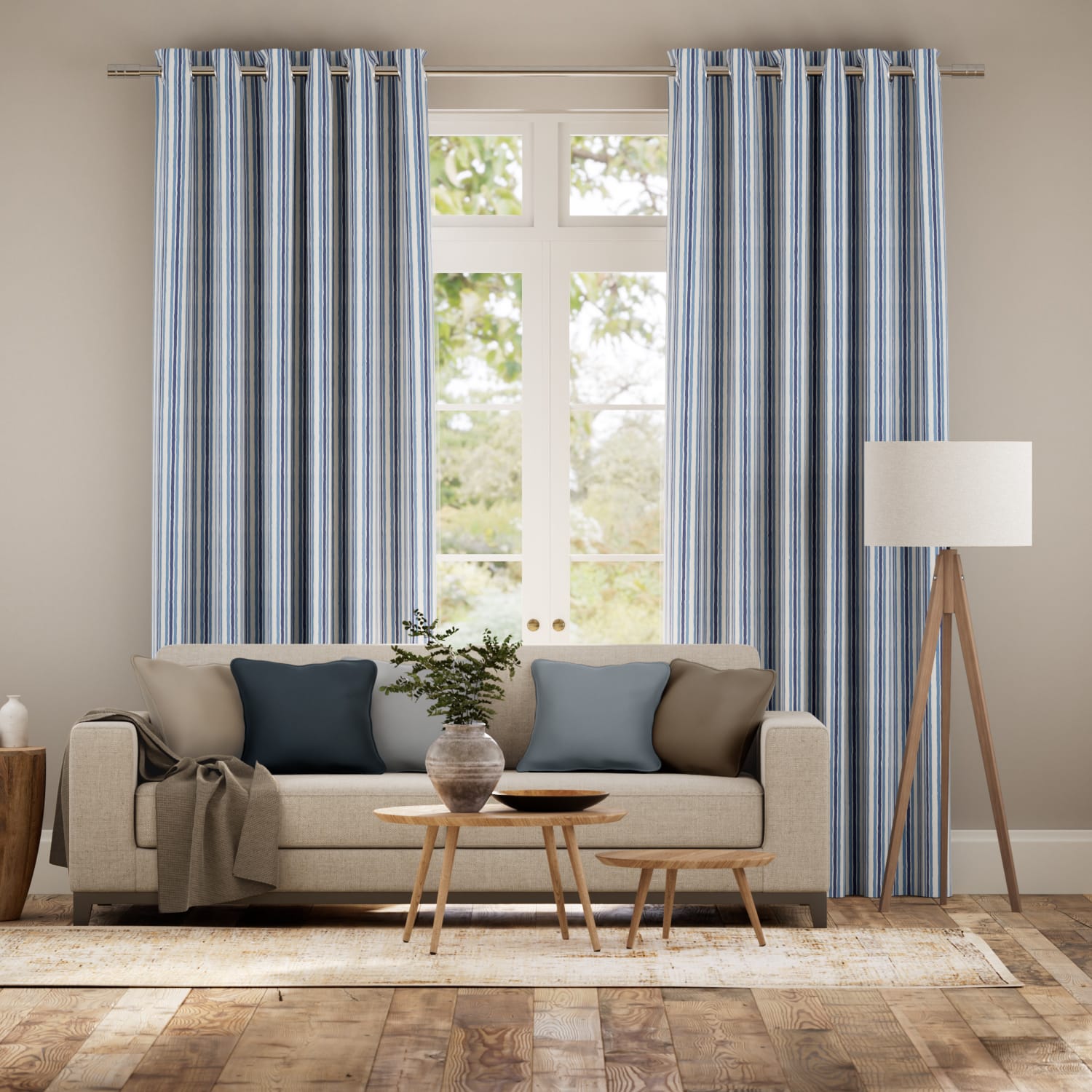 Colorized Hand Painted Stripe Cobalt  Curtains 5774