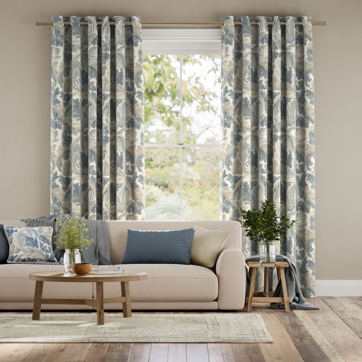 Colorized William Morris Acanthus Vintage Blue Curtains 5804