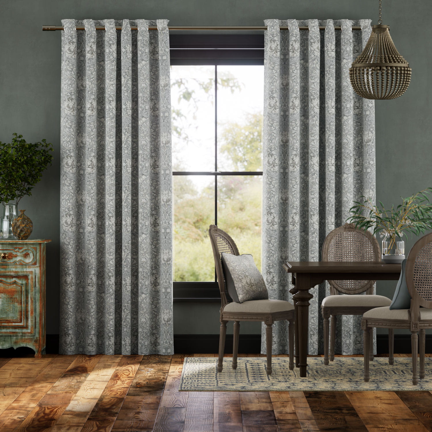 Colorized William Morris Honeysuckle and Tulip Velvet Pewter Curtains 5911
