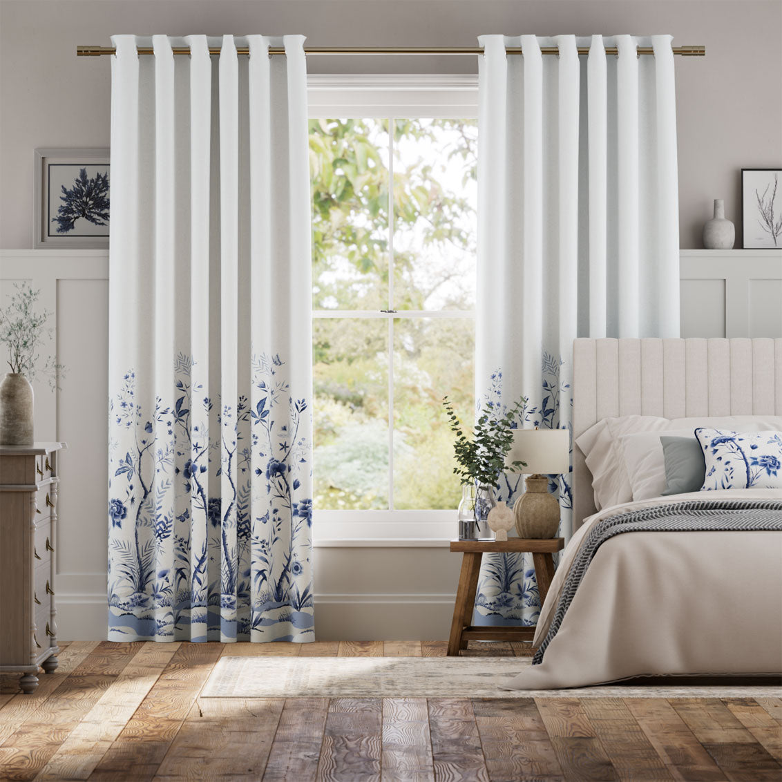 Colorized Chinoiserie China Blue Curtains 6043