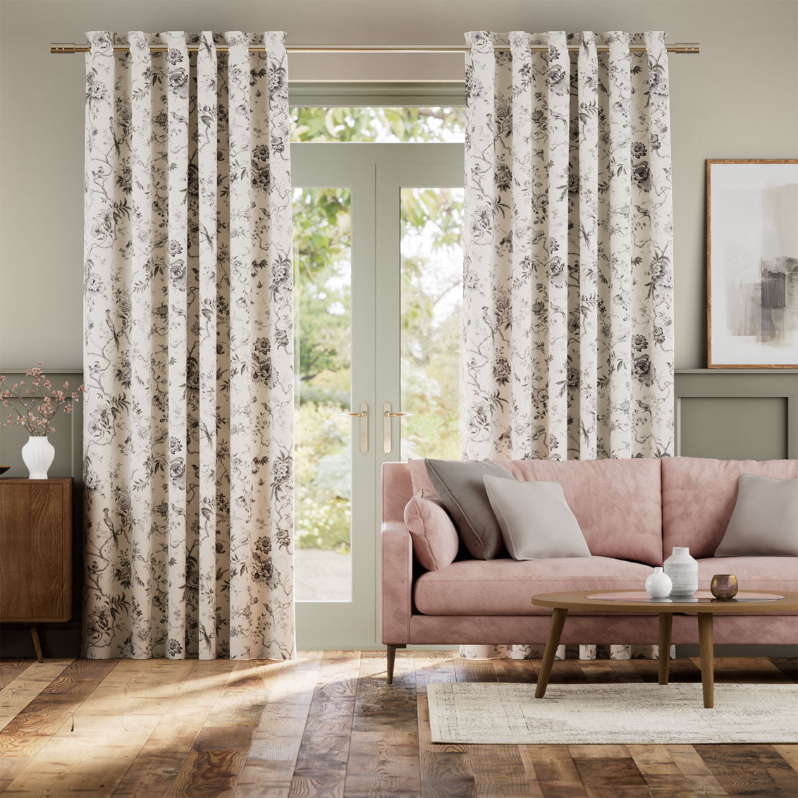Colorized Bird Toile Charcoal Curtains 6131