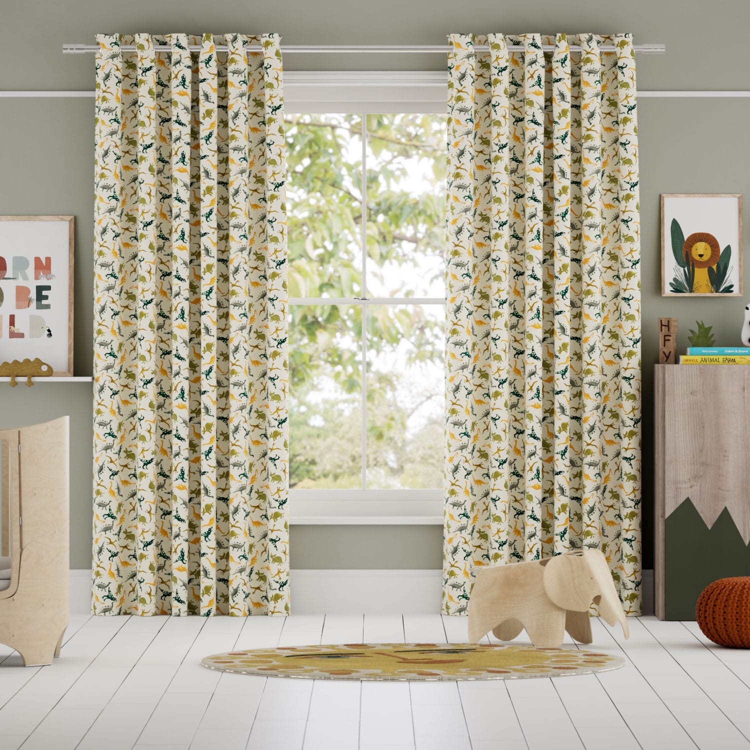 Colorized Dinosaurs Green Curtains