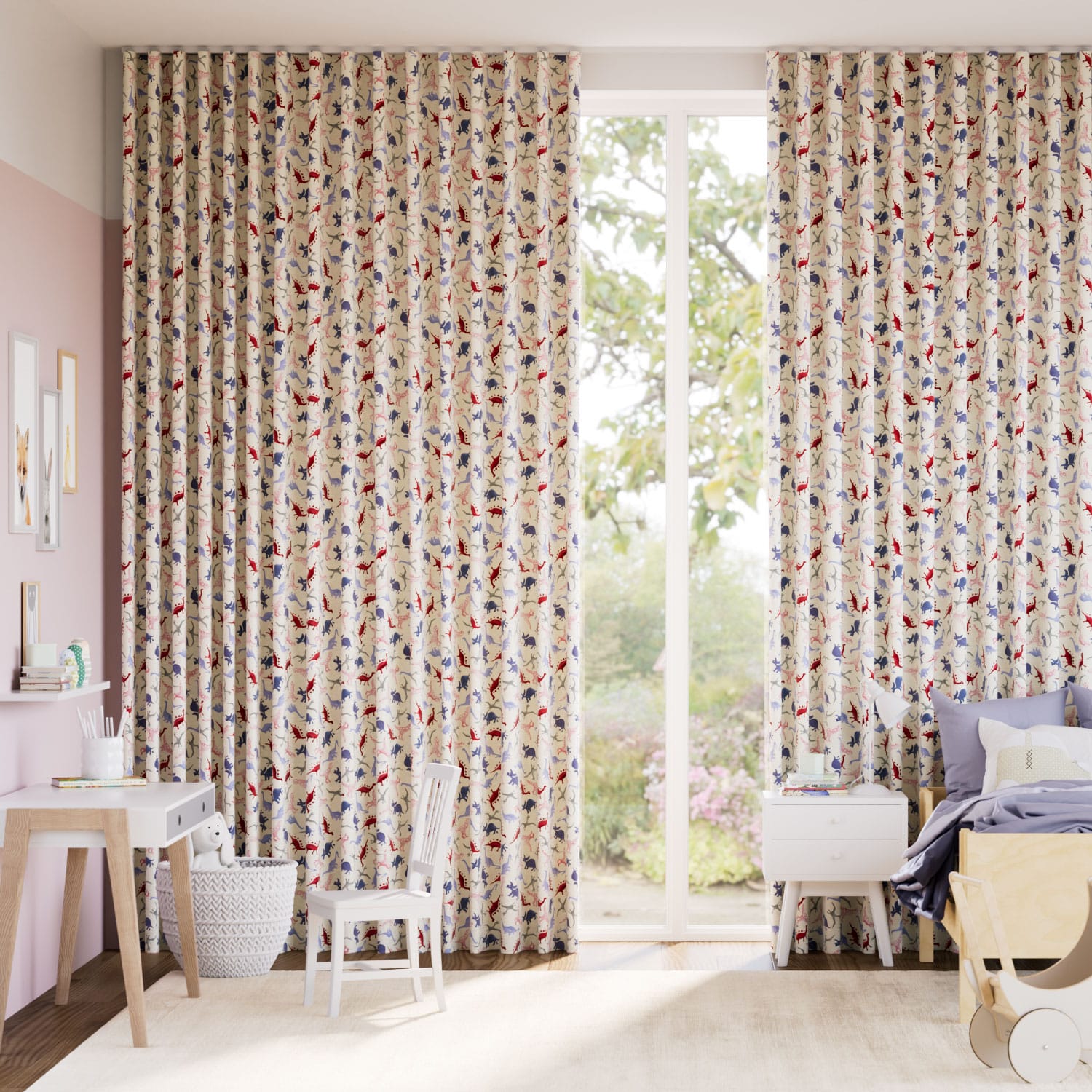 Colorized Dinosaurs Pink Curtains