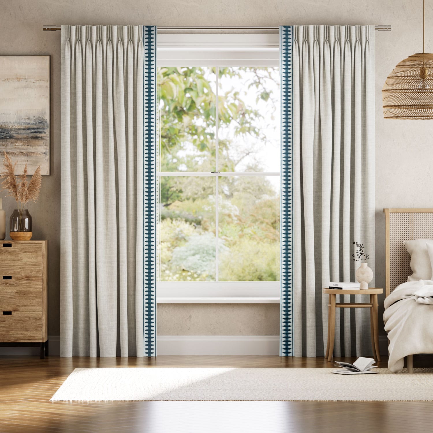 Colorized Arlo Oatmeal & Ascott Teal Curtains