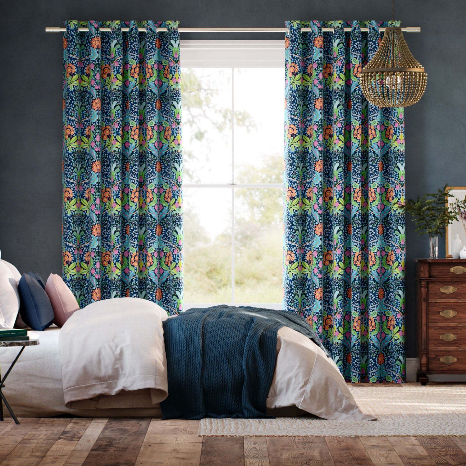 Colorized Elm House Nighttime Blue Curtains 6594