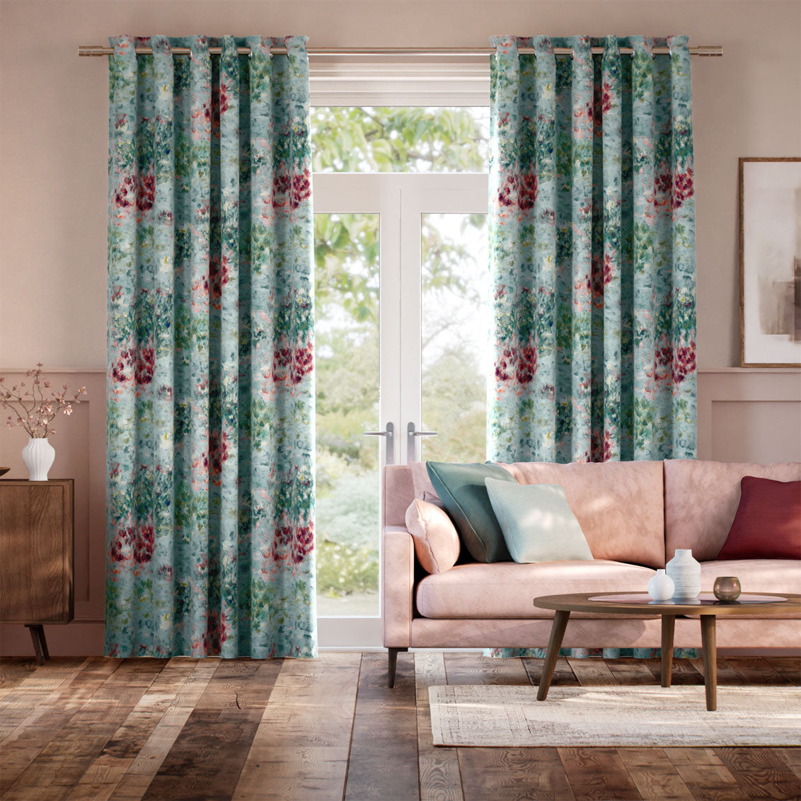 Colorized Fiore Velvet Duckegg Rose Curtains 9080