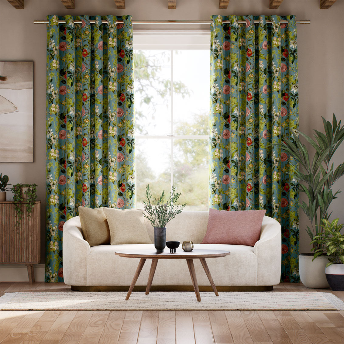Colorized Passiflora Velvet Teal Blue Curtains 9095