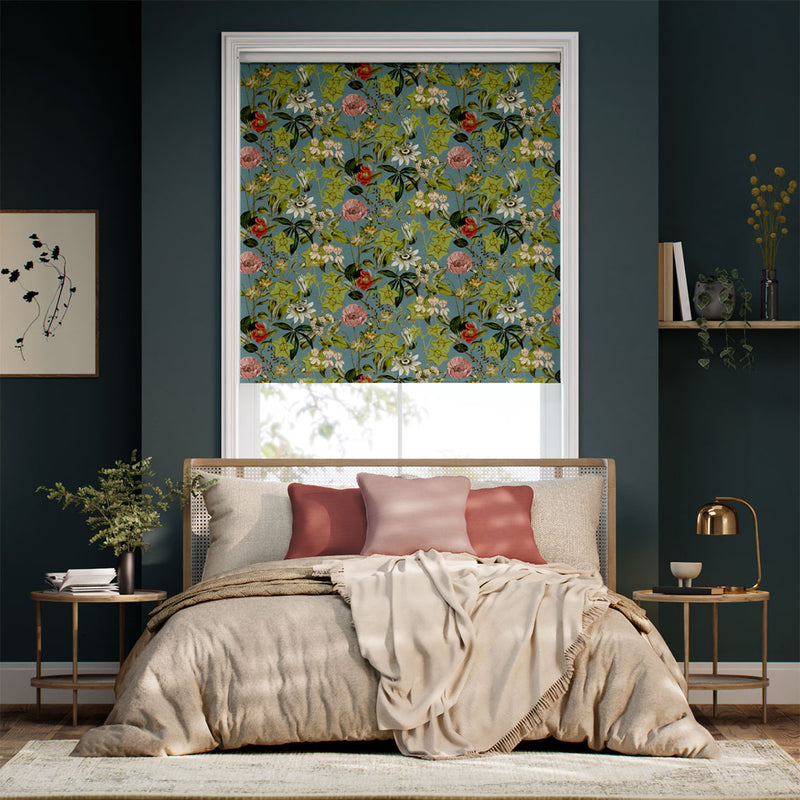 Colorized Passiflora Velvet Teal Blue Roller Blind 9208