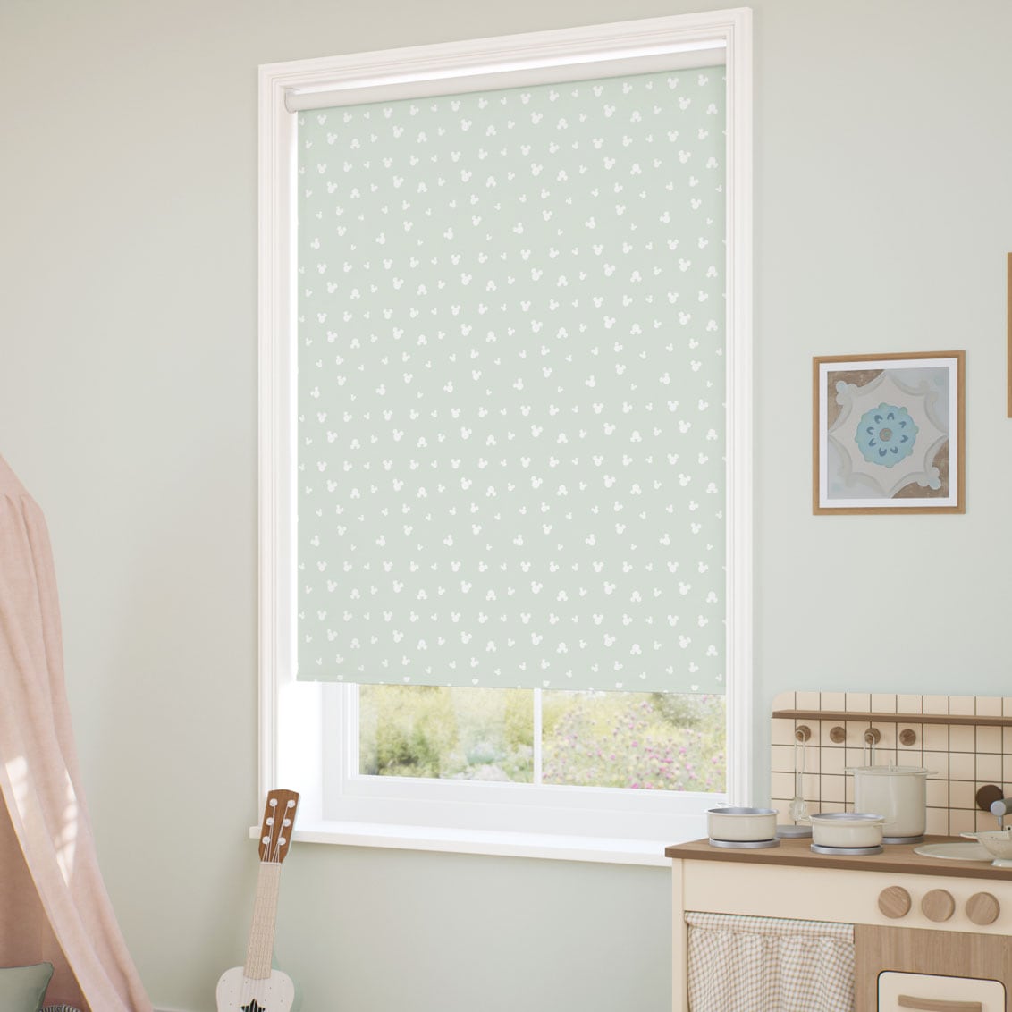 ColorizedZoom Twist2Go Mickey Spots Blackout Sea Salt Roller Blind 9278