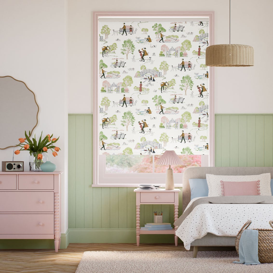 Colorized 101 Dalmatians Blackout Soft Green & Rose Roller Blind 9282
