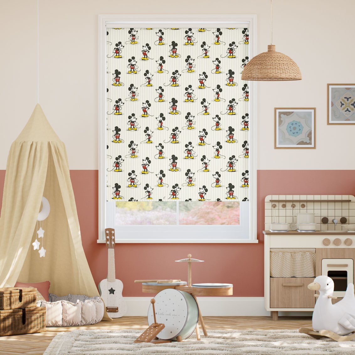 Colorized Mickey Stripe Blackout Natural Roller Blind 9294