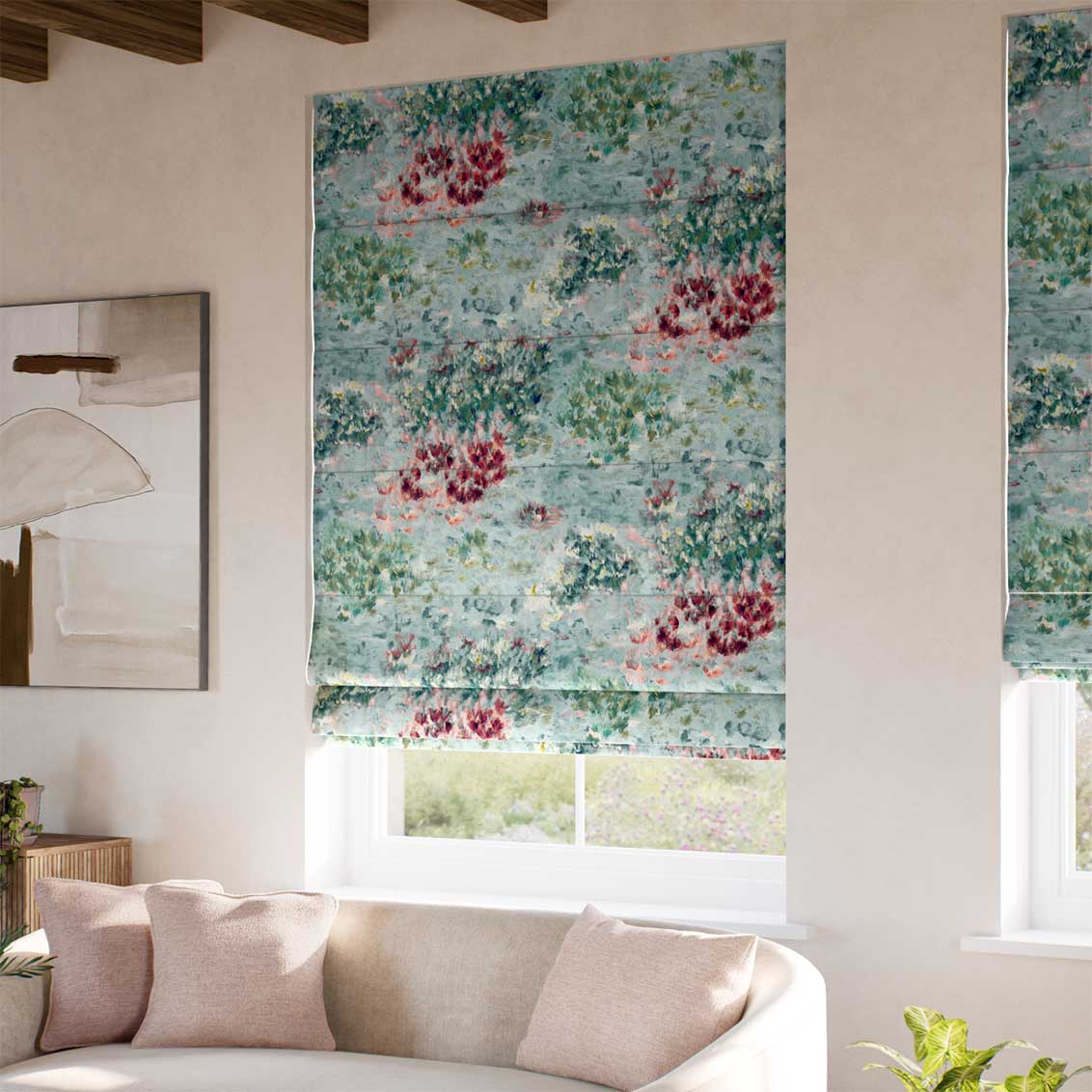 ColorizedZoom Fiore Velvet Duckegg Rose Roman Blind 9359