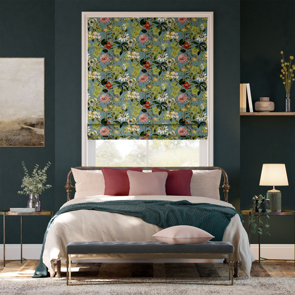 Colorized Passiflora Velvet Teal Blue Roman Blind