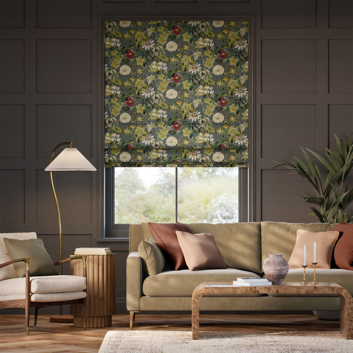 Colorized Passiflora Velvet Slate Roman Blind