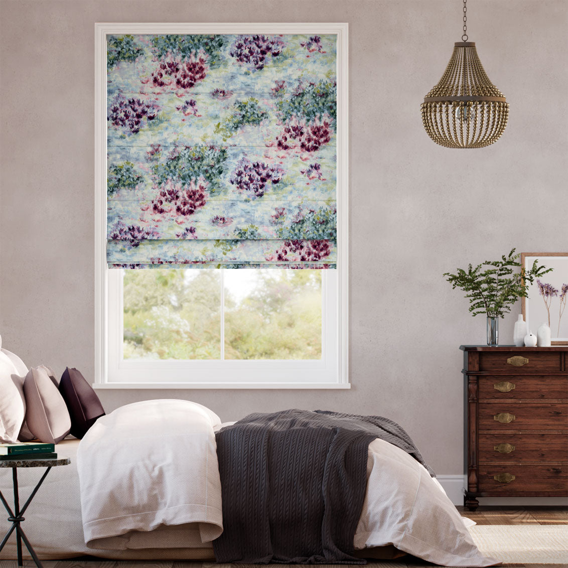 Colorized Fiore Soft Blue Magenta Roman Blind