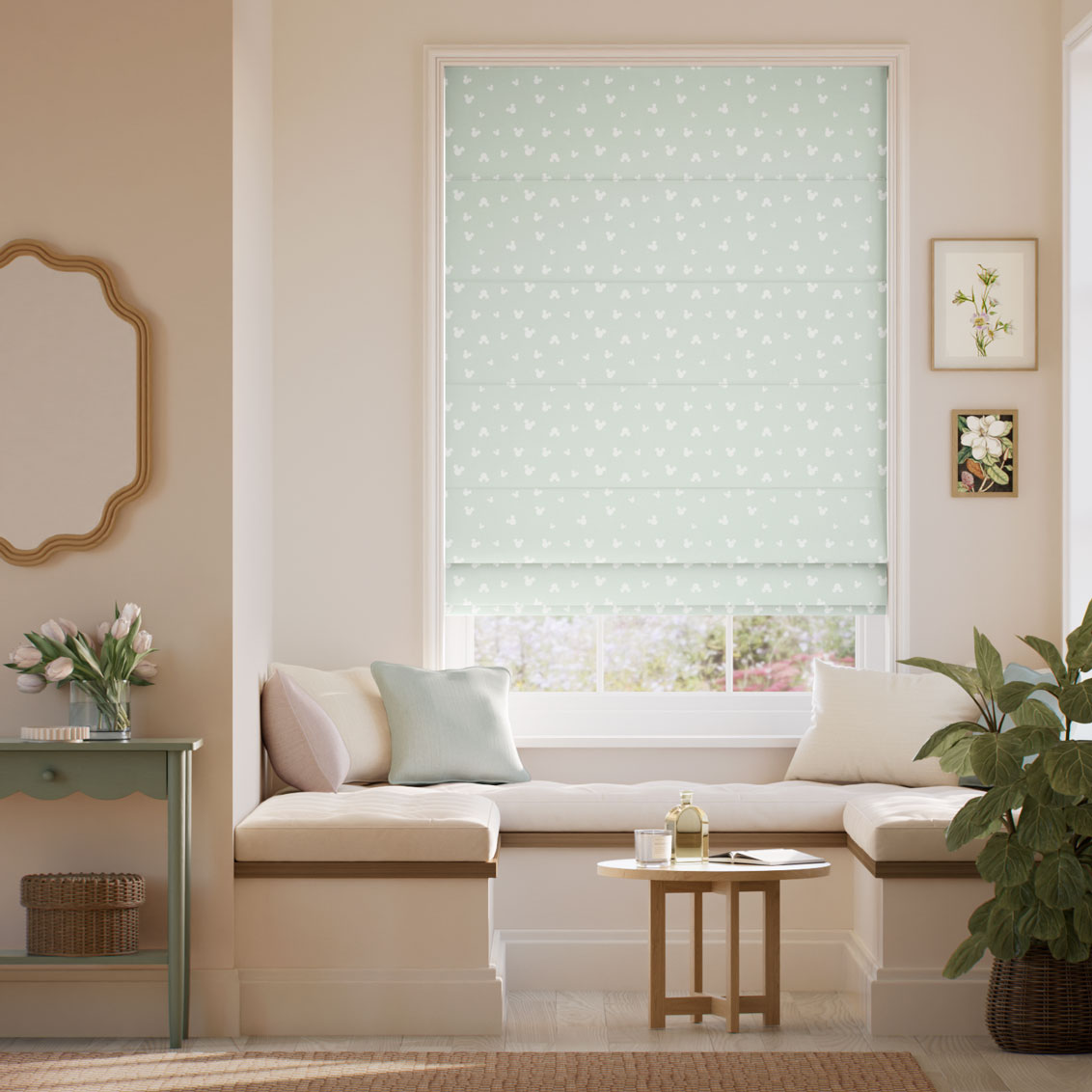 Colorized Mickey Spots Sea Salt Roman Blind 9390