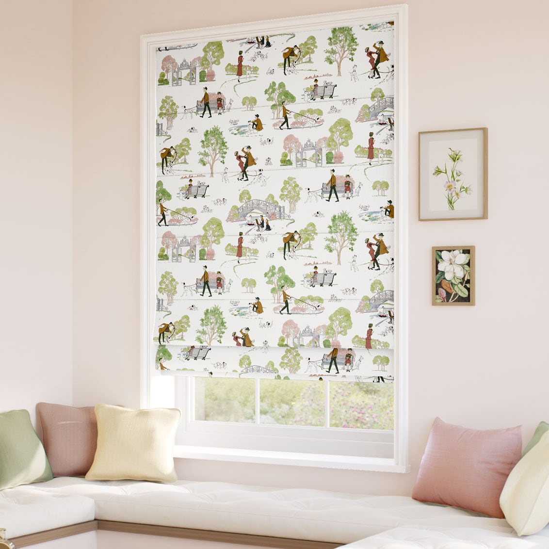 ColorizedZoom 101 Dalmatians Soft Green & Rose Roman Blind