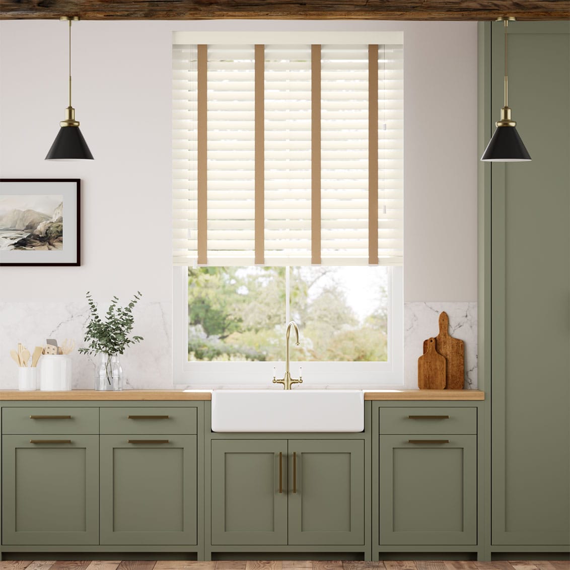 Colorized Buttermilk & Camel Faux Wood Blind - 50mm Slat 3275