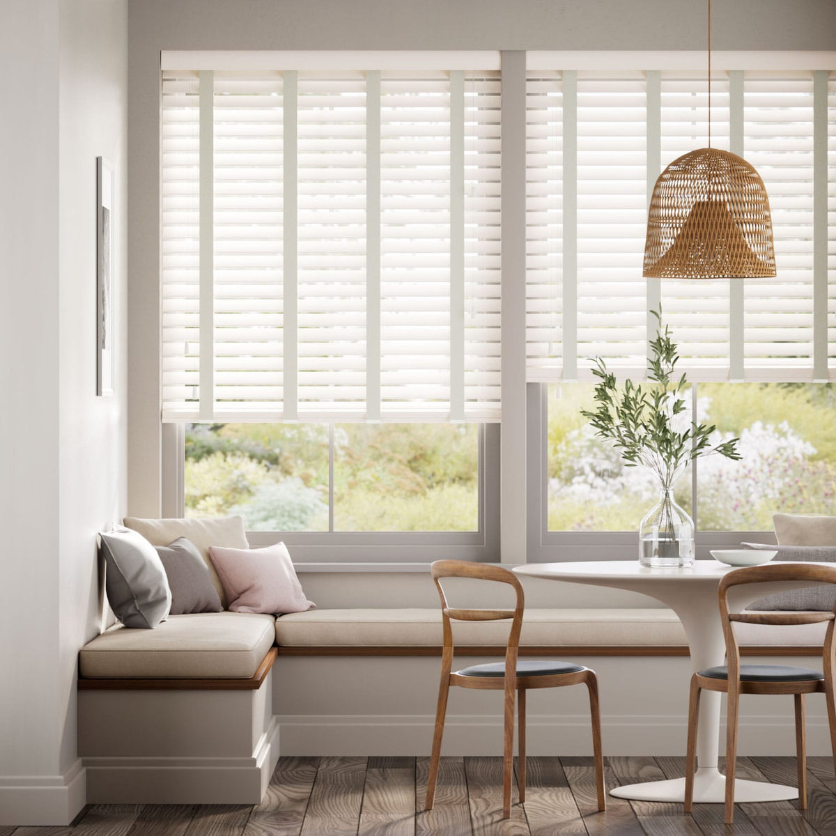 Colorized Eggshell & Nickel Faux Wood Blind - 50mm Slat 3280
