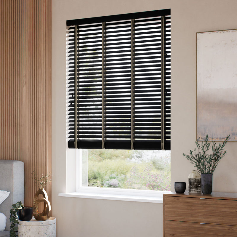 ColorizedZoom Dark Storm & Tapestry Sand Wooden Blind - 50mm Slat 3394