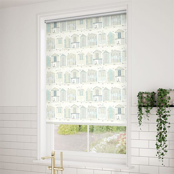 ColorizedZoom Splash Blackout Beach Huts Mineral Roller Blind 3883