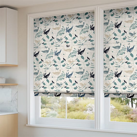 ColorizedZoom Hygge Birds Vintage Linen Pastoral Blue Roman Blind 6636