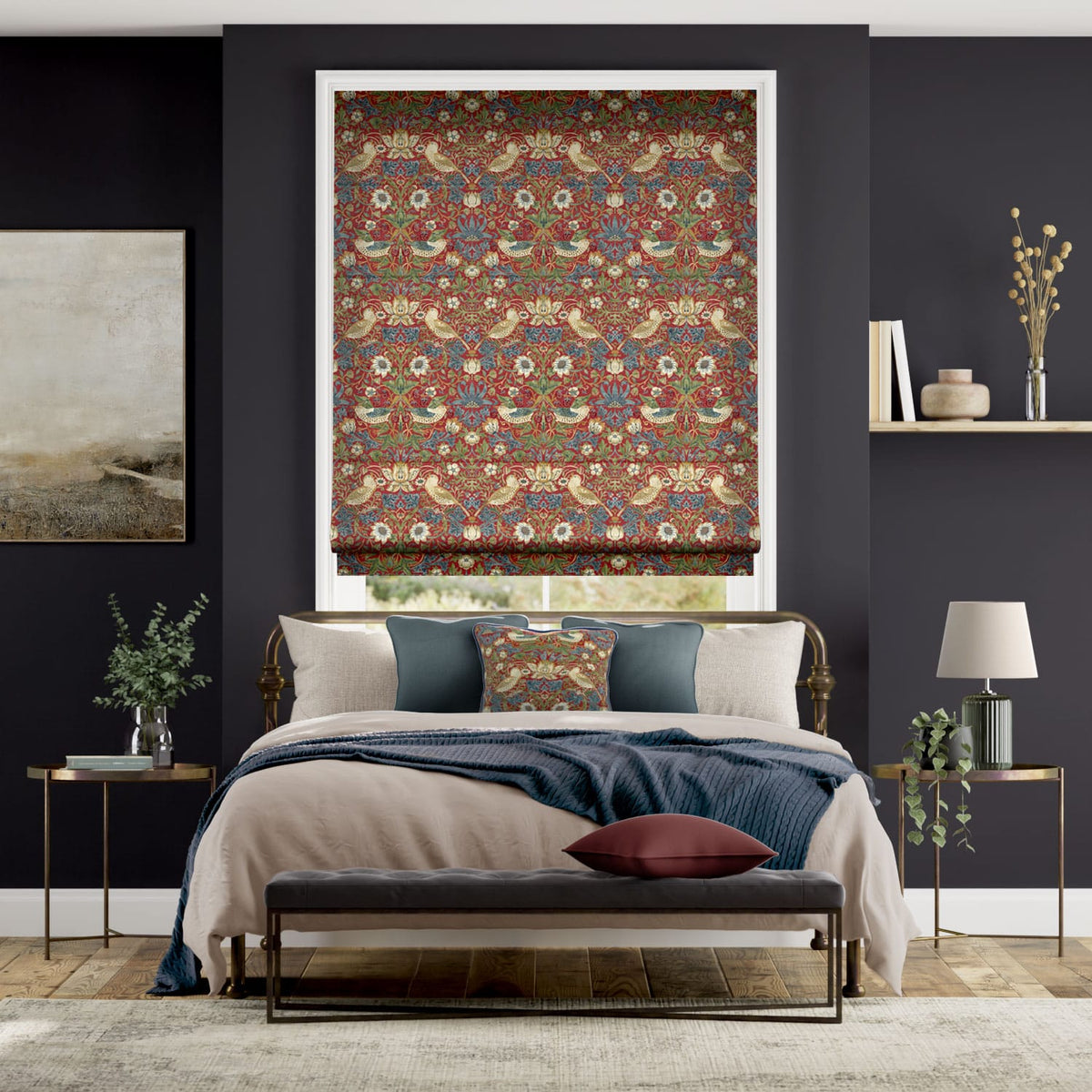 Colorized William Morris Strawberry Thief Harissa Red Roman Blind 7088