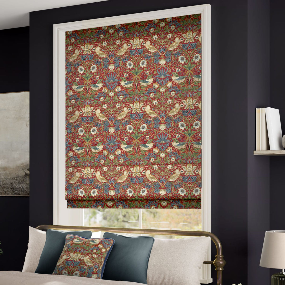 ColorizedZoom William Morris Strawberry Thief Harissa Red Roman Blind 7088