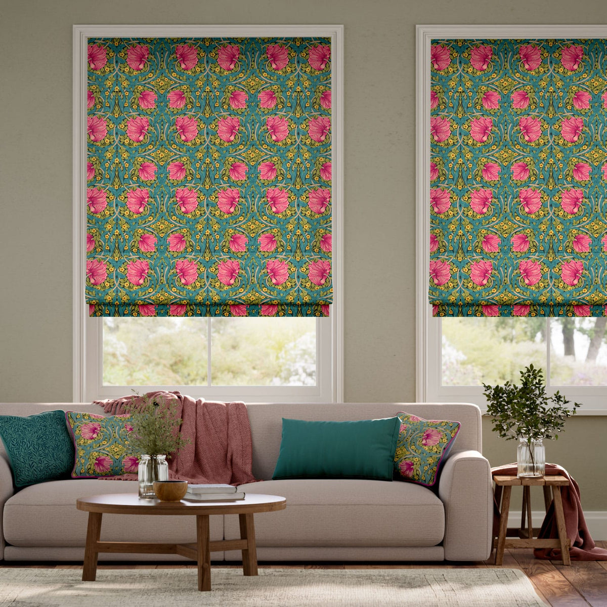 Colorized William Morris Pimpernel Magenta  Roman Blind 7172