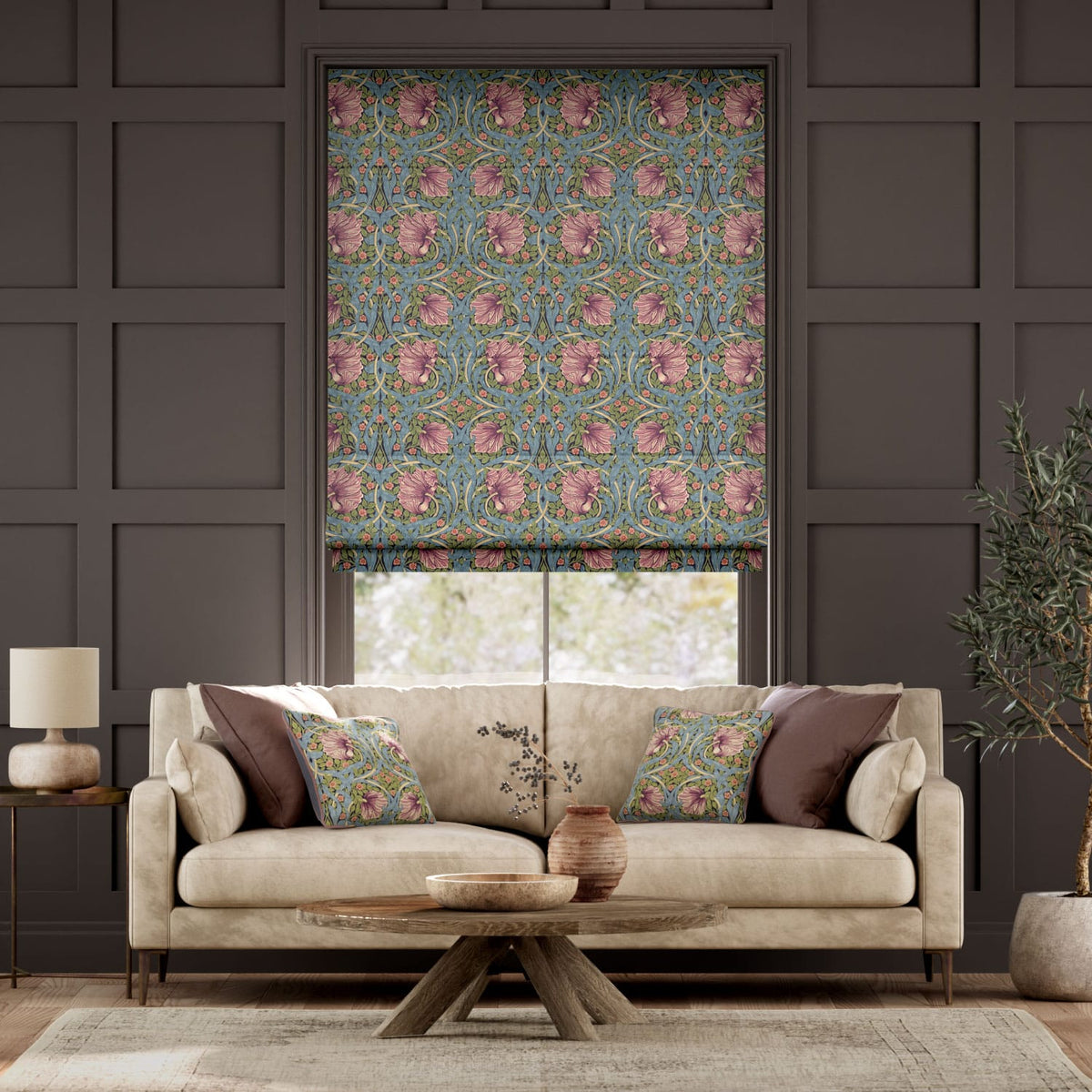 Colorized William Morris Pimpernel Elderberry  Roman Blind 7170