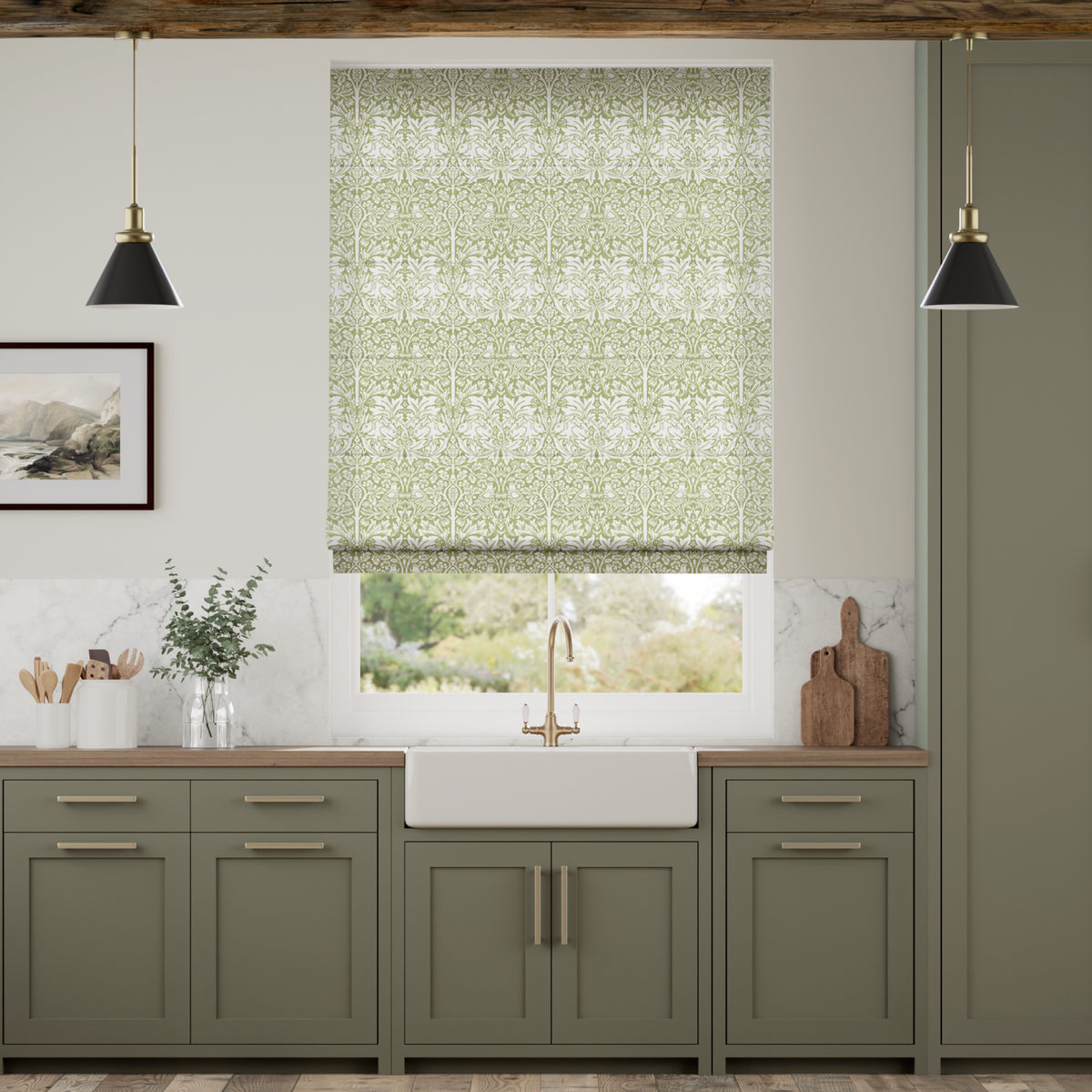 Colorized William Morris Brother Rabbit Aloe Roman Blind 7493