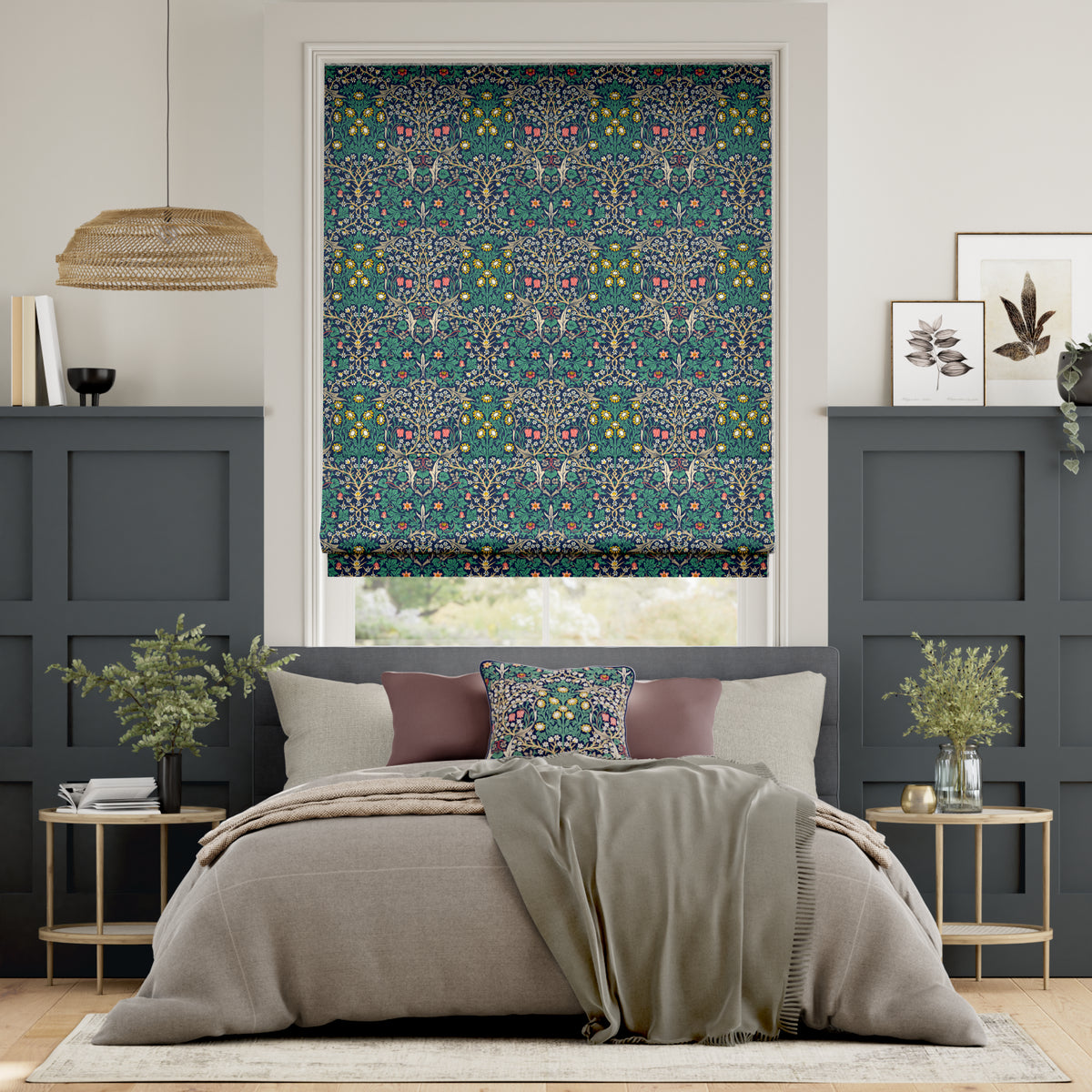 Colorized William Morris Blackthorn Indigo Roman Blind 7504