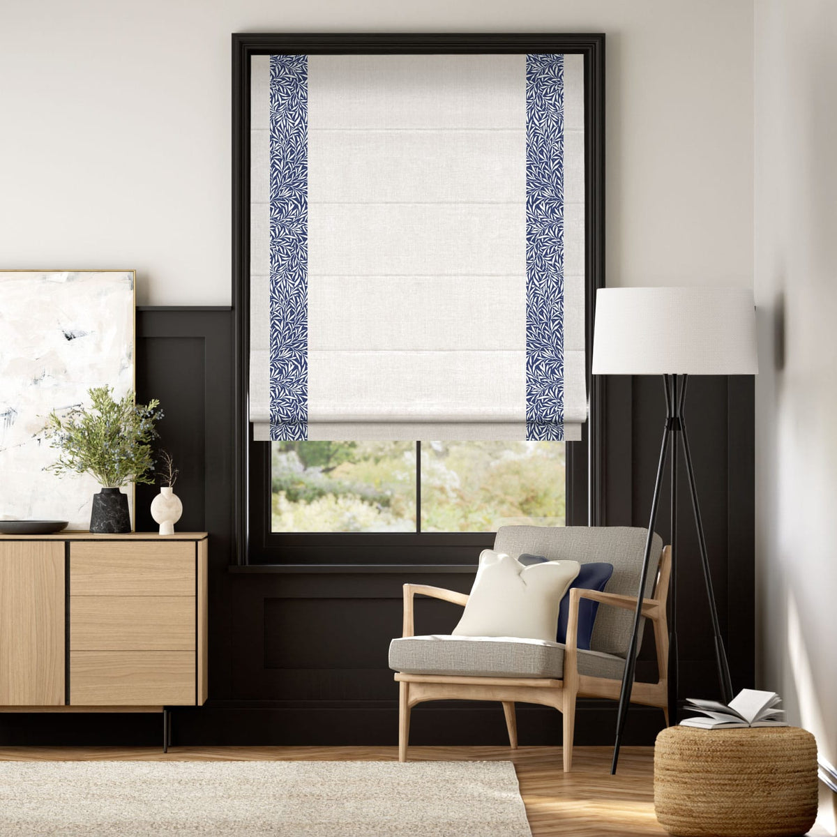 Colorized William Morris Willow Ink & Bijou Linen Alabaster Roman Blind 7650