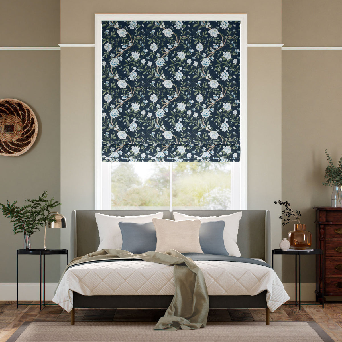Colorized Porcelain Garden Rich Cerulean Roman Blind 7803