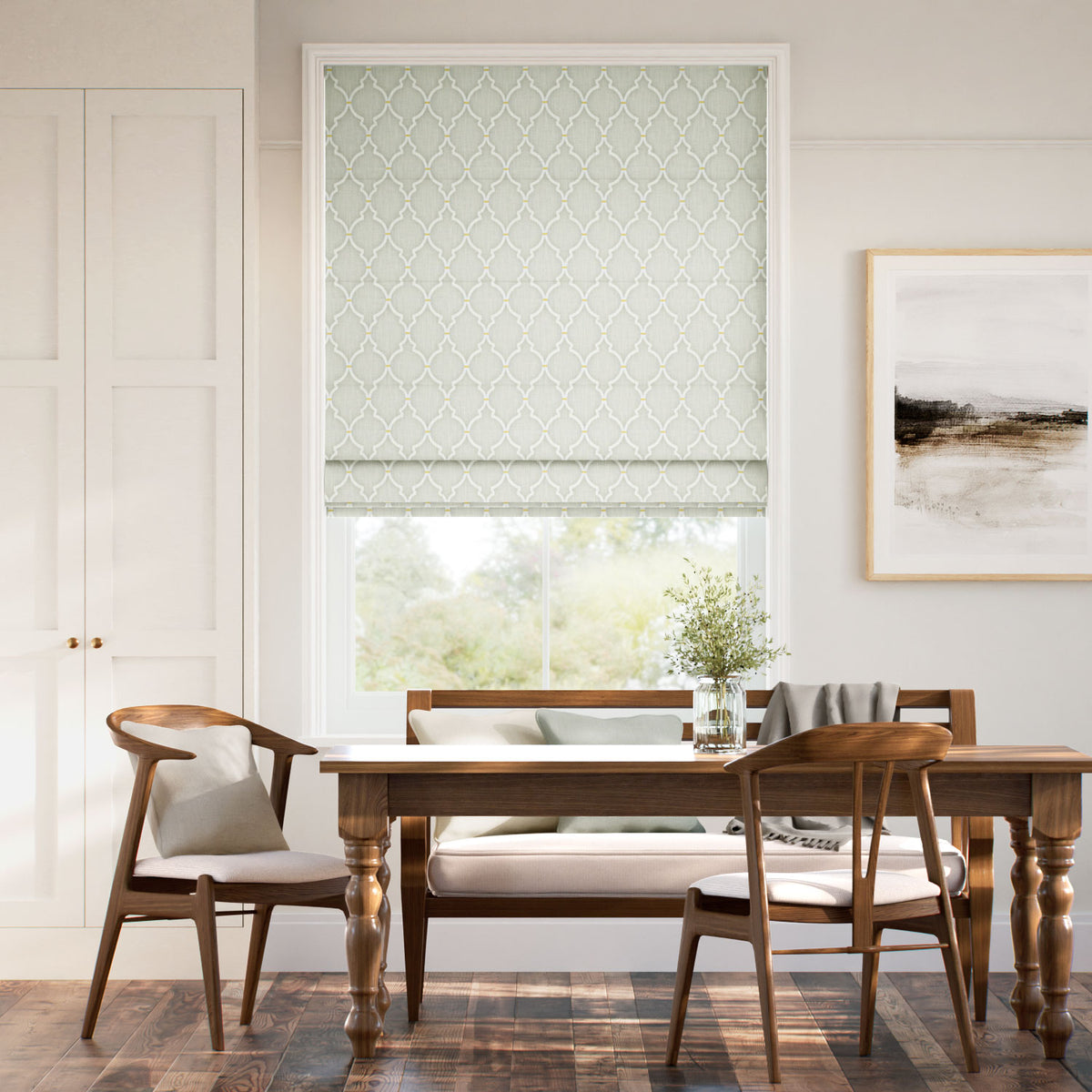 Colorized Empire Trellis Rain Mist Roman Blind 7808
