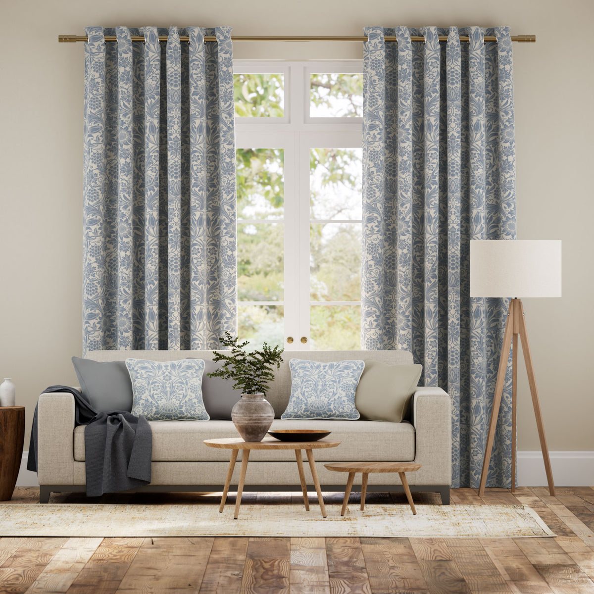 Colorized William Morris Sunflower Vintage Blue Curtains 5831
