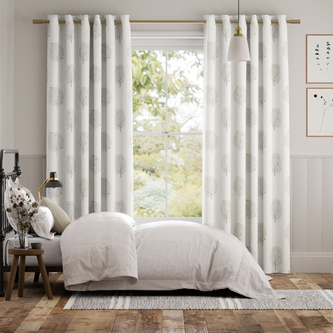 Colorized Bay Tree & Bird Parchment Curtains 5837