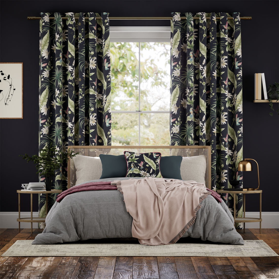 Colorized Hummingbird Charcoal Curtains 6036