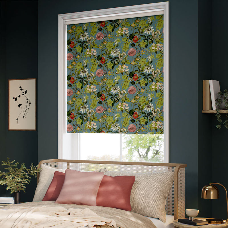 ColorizedZoom Passiflora Velvet Teal Blue Roller Blind 9208